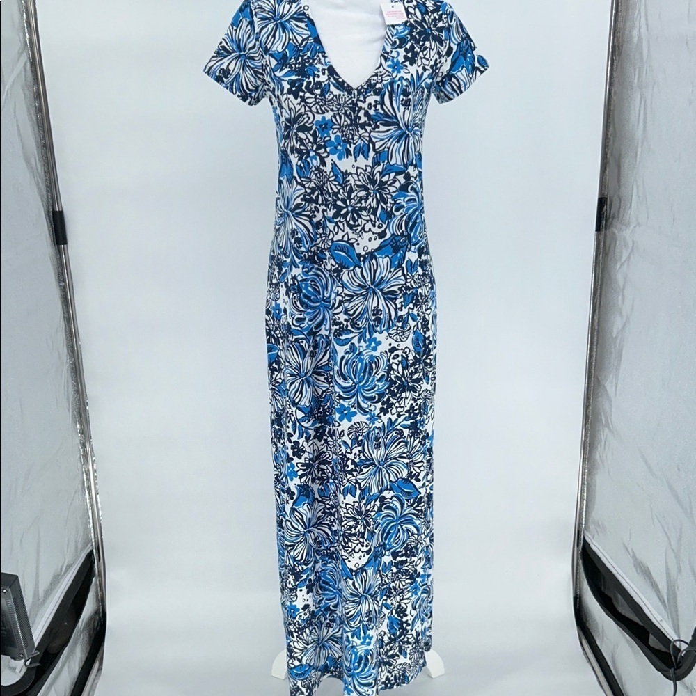 New Lilly Pulitzer Blue Floral Maxi Dress Pima Cotton Short Sleeve Size S - Picture 4 of 11